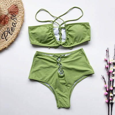 Moodne kaheosaline ujumistrikoo - kõrge vöökohaga püksid ja lipsud