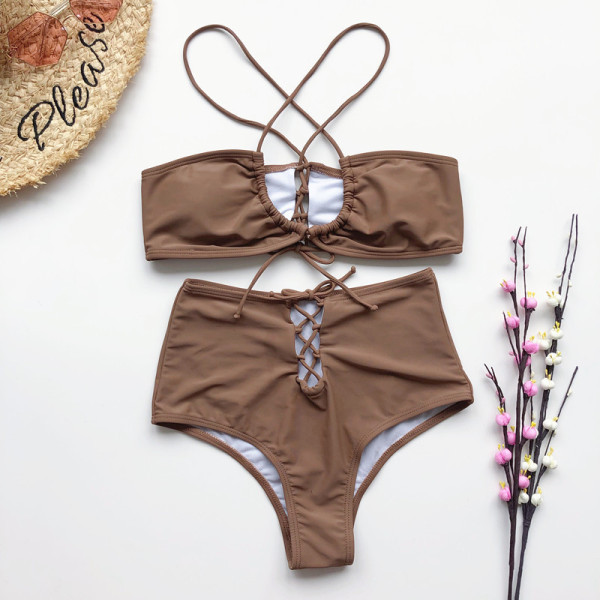 Moodne kaheosaline ujumistrikoo - kõrge vöökohaga püksid ja lipsud