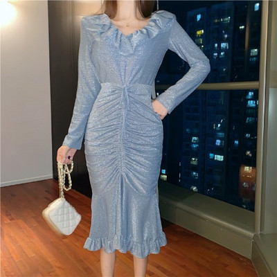 Sinine retro naiste kleit spits-kaelusega ja volditud alläärega