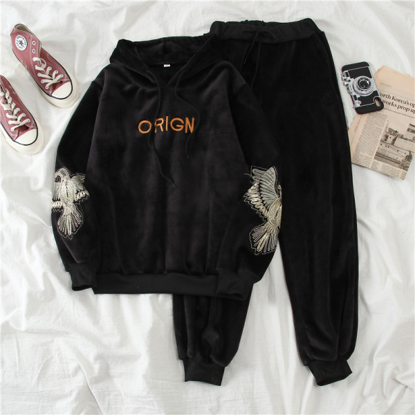 Sametist spordikomplekt, mis sisaldab tikandiga dressipluusi ja elastse vöökohaga pükse