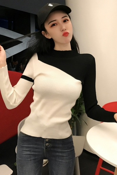 Liibuv naiste kahetooniline velvetist trikoo pluus madala kraega kaelas