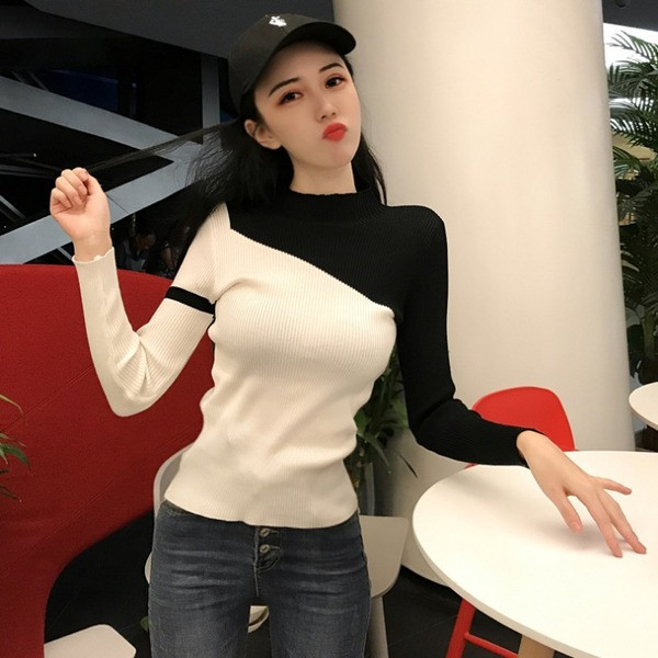 Liibuv naiste kahetooniline velvetist trikoo pluus madala kraega kaelas