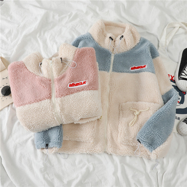 Плюшено дамско яке с висока яка, джобове и цип