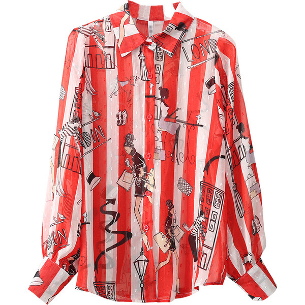 Klassikalise krae ja aplikatsiooniga värviline naiste triibuline särk