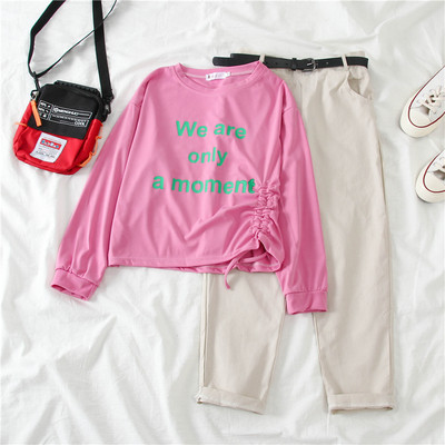 Naiste igapäevane kaheosaline komplekt - pluus kirjaga ja püksid vööga