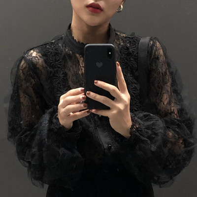 Ženska moderna čipkasta bluza s gumbima i visokim ovratnikom