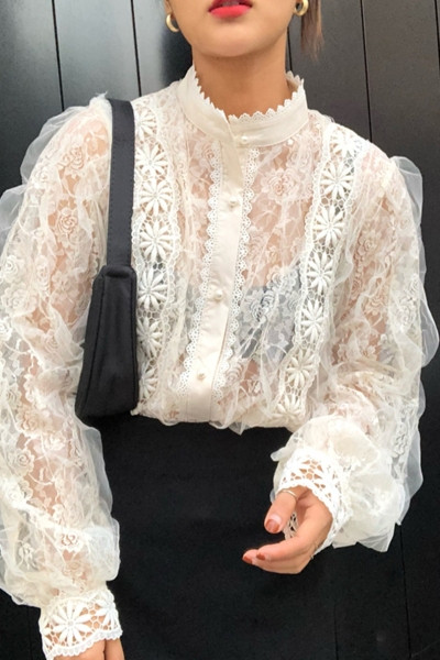 Ženska moderna čipkasta bluza s gumbima i visokim ovratnikom