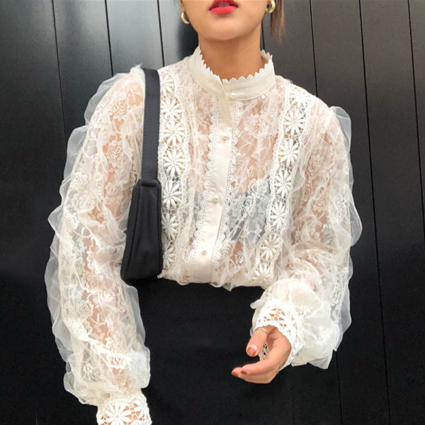 Ženska moderna čipkasta bluza s gumbima i visokim ovratnikom