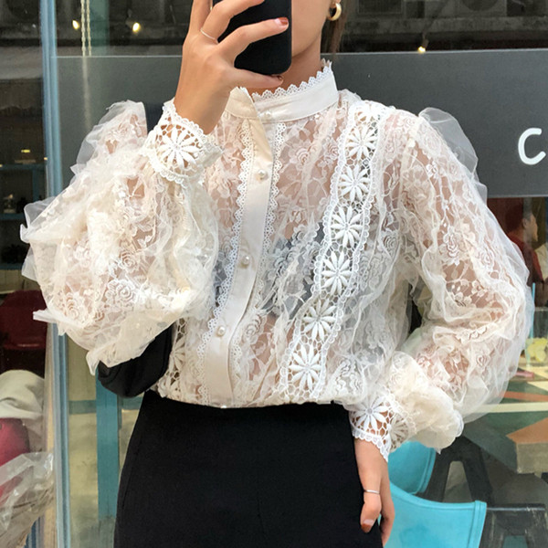 Ženska moderna čipkasta bluza s gumbima i visokim ovratnikom
