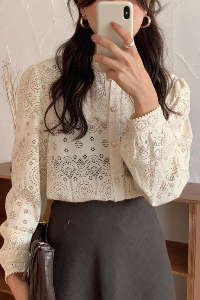 Női csipke őszi ing gombokkal, retro stílusban