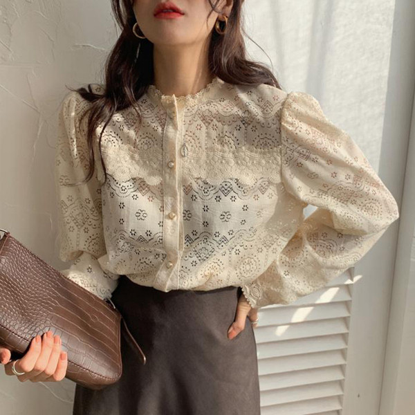 Női csipke őszi ing gombokkal, retro stílusban