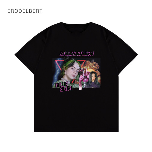 Modern póló rövid ujjal és ovális nyakkivágással, Bilie Eilish rátéttel