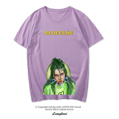 Модерна тениска с къс ръкав и овално деколте с апликация на Billie Еilish