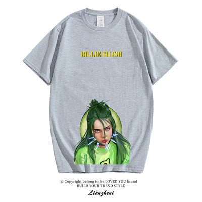 Модерна тениска с къс ръкав и овално деколте с апликация на Billie Еilish