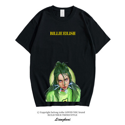 Модерна тениска с къс ръкав и овално деколте с апликация на Billie Еilish
