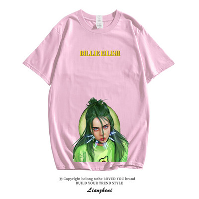 Модерна тениска с къс ръкав и овално деколте с апликация на Billie Еilish