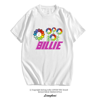 Модерна тениска с къс ръкав и овално деколте с апликация на Billie Еilish