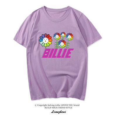 Модерна тениска с къс ръкав и овално деколте с апликация на Billie Еilish