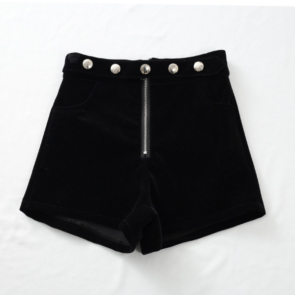 Дамски къси панталони с копчета,цип и висока талия от кадифе
