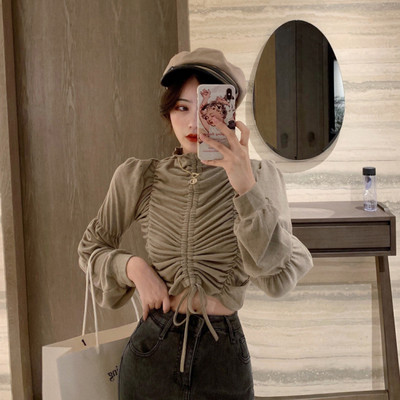 Модерна дамска блуза с набрана предна част и връзки