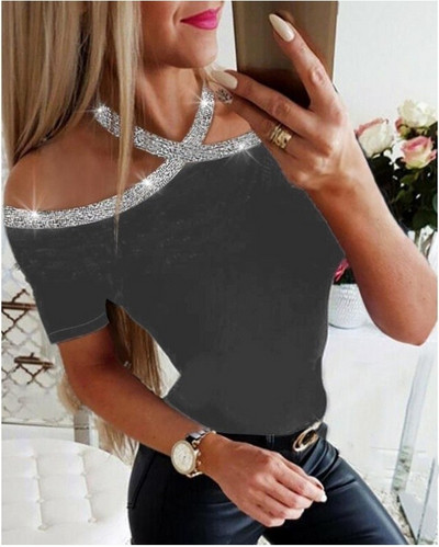 Lezser női blúz csupasz vállakkal, fényes hatással