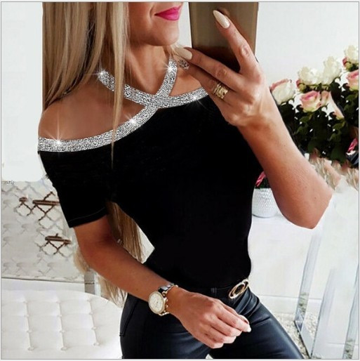 Lezser női blúz csupasz vállakkal, fényes hatással