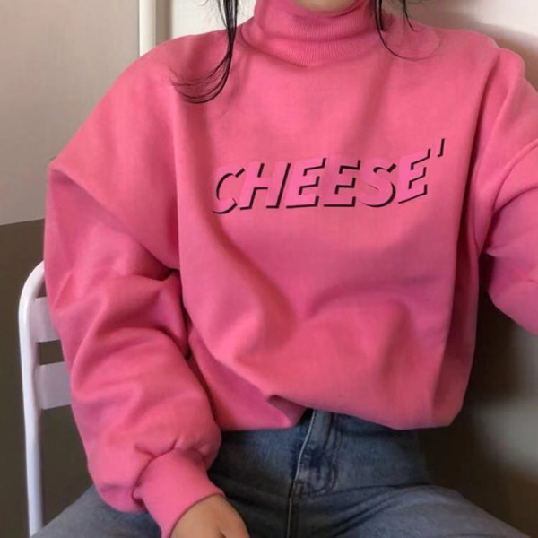 Naiste vabaaja pluus kõrge kraega ja roosa kirjaga