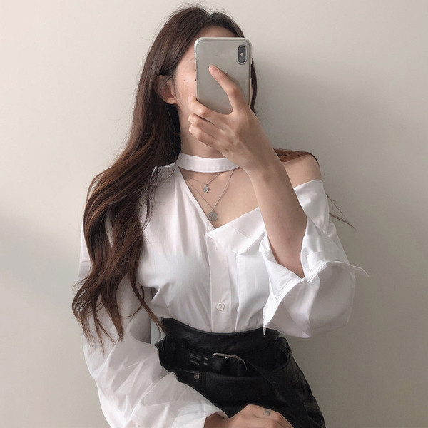 Γυναικεία casual πουκάμισο με φαρδιά μανίκια και λαιμόκοψη