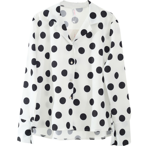 Дамска риза на точки с дълъг ръкав и шпиц деколте