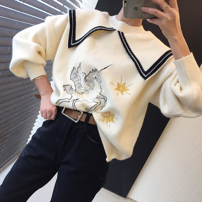 Naiste vabaaja pluus värvilise tikandi ja suure kraega