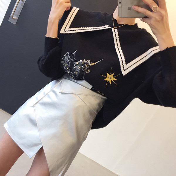 Naiste vabaaja pluus värvilise tikandi ja suure kraega