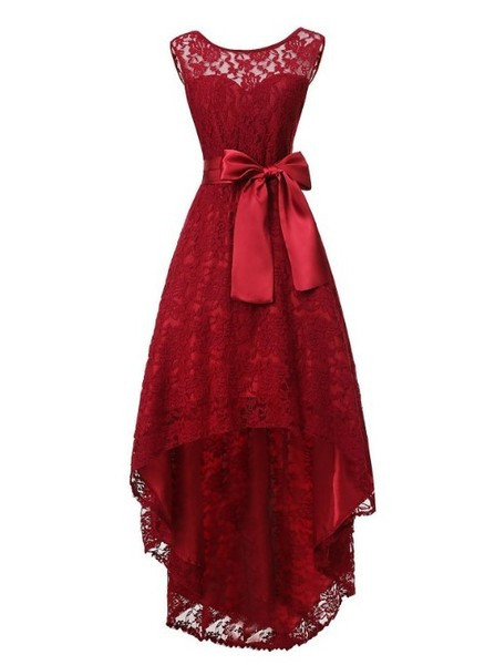 Стилна дамска дантелена рокля асиметричен модел с панделка