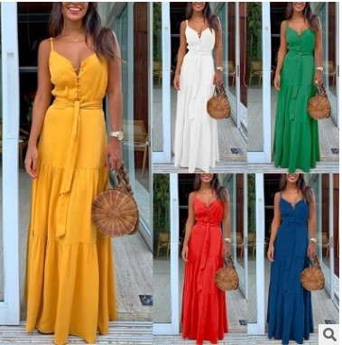 Elegantna ženska duga haljina s tankim naramenicama i vezicama