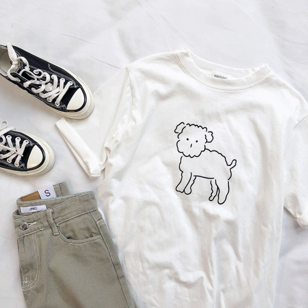 Naiste puuvillane valge lühikeste varrukate ja koeraaplikatsiooniga T-särk