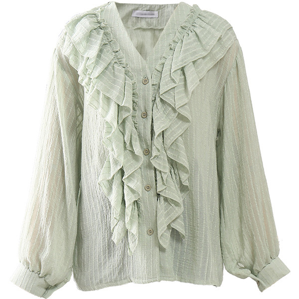 Modern női ing széles ujjal és spitz nyakkivágással