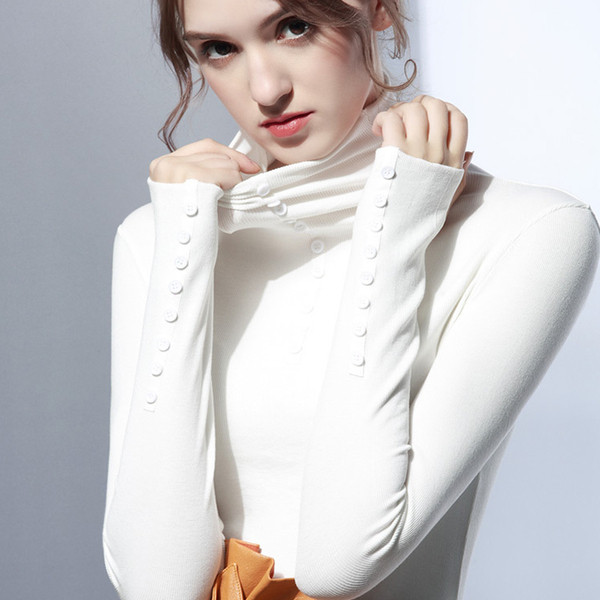 Moodne naiste nööpide ja kõrge polo kraega pluus Slim mudel