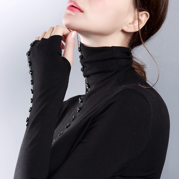 Moodne naiste nööpide ja kõrge polo kraega pluus Slim mudel