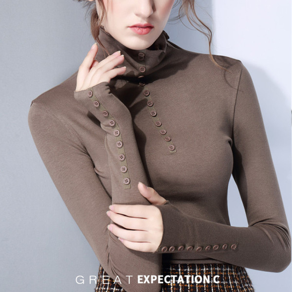 Moodne naiste nööpide ja kõrge polo kraega pluus Slim mudel