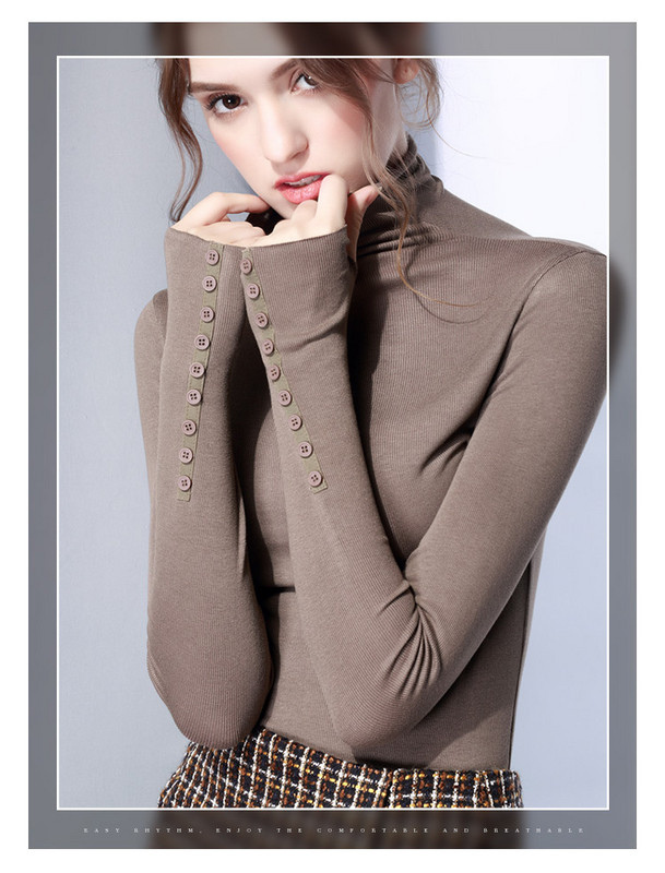 Moodne naiste nööpide ja kõrge polo kraega pluus Slim mudel