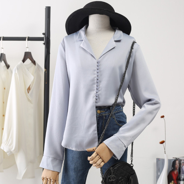 Модерна дамска риза с шпиц деколте,дълъг ръкав и копчета - ретро стил