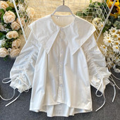 Ежедневна дамска риза с връзки на ръкавите и копчета - асиметричен модел