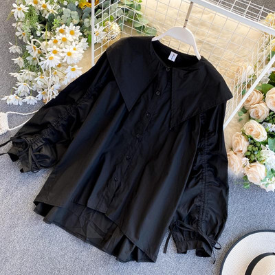 Ежедневна дамска риза с връзки на ръкавите и копчета - асиметричен модел