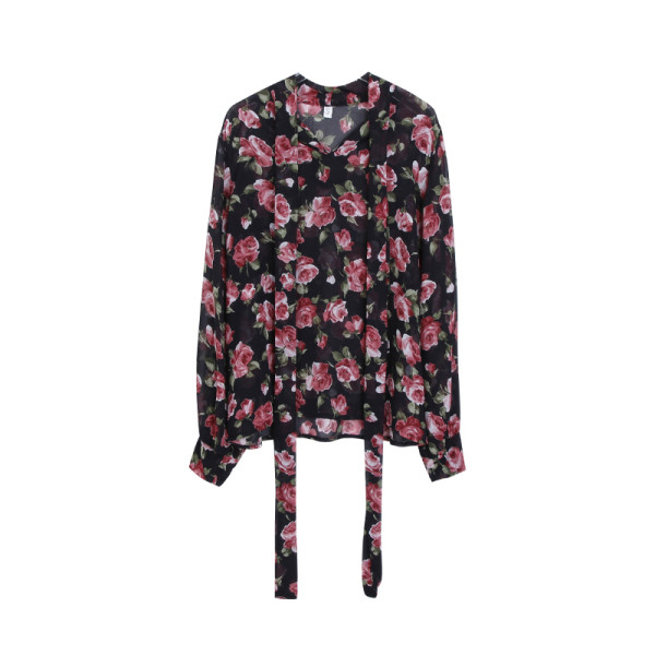 Дамска риза с флорален десен в ретро стил и широки ръкави 