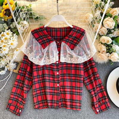 Vabaaja naiste ruuduline särk nööpide ja tüllkraega