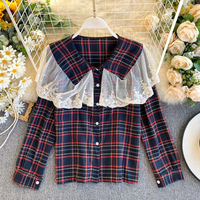 Vabaaja naiste ruuduline särk nööpide ja tüllkraega