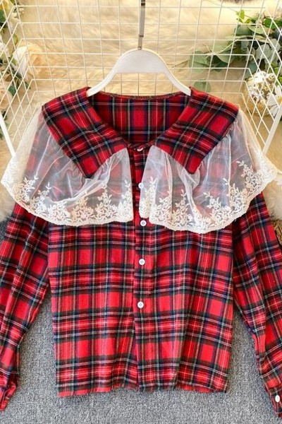 Vabaaja naiste ruuduline särk nööpide ja tüllkraega