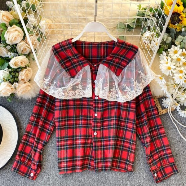 Vabaaja naiste ruuduline särk nööpide ja tüllkraega