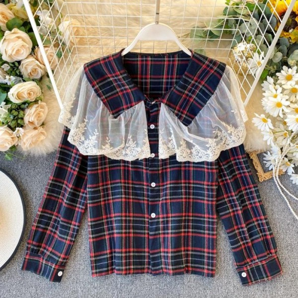 Vabaaja naiste ruuduline särk nööpide ja tüllkraega