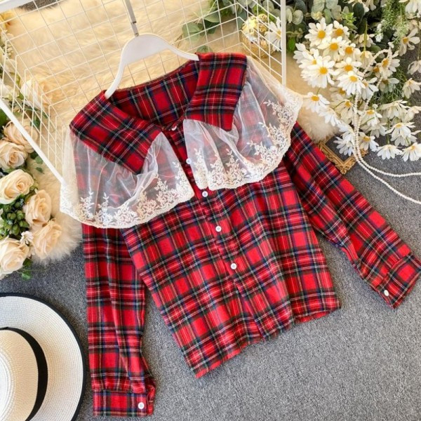 Vabaaja naiste ruuduline särk nööpide ja tüllkraega