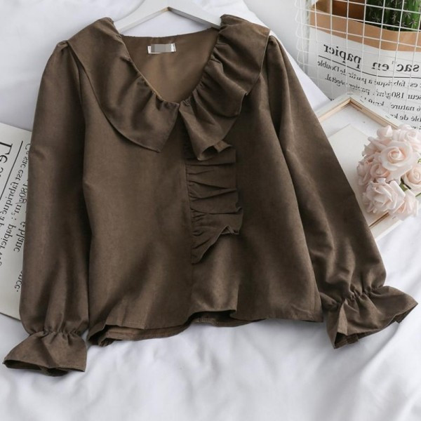 Moodne naiste särk spitsikaelusega, lokkide ja pikkade varrukatega